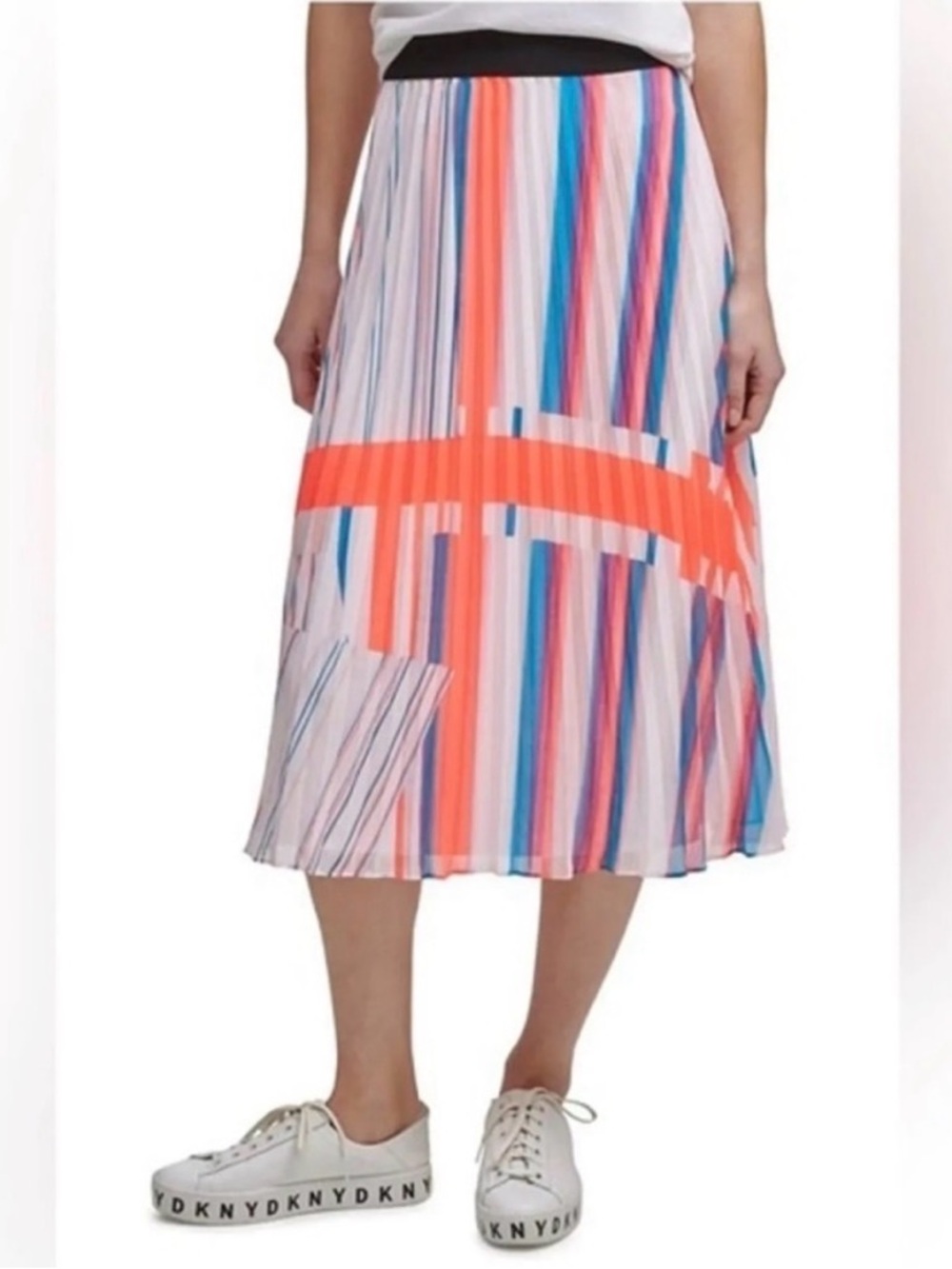 DKNY Women's Pleated Striped Neon Midi Skirt Size M- 80’s Inspired Size M
